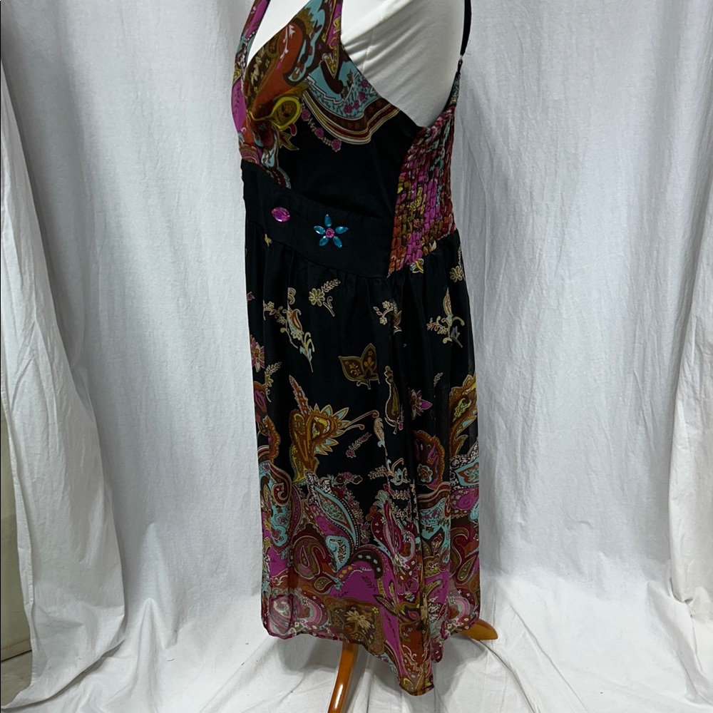 Black Paisley Midi Slip Dress with Pink & Teal Accents - Picture 4 of 8